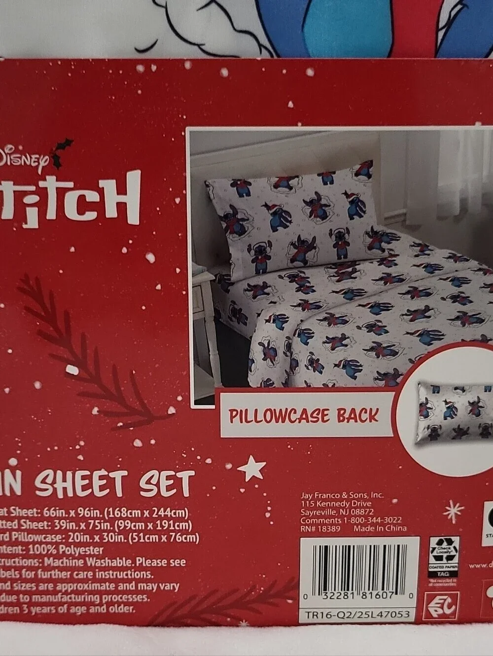 Disney Stitch Twin Sheet Set Holiday 3 Piece Set Christmas Sheets New